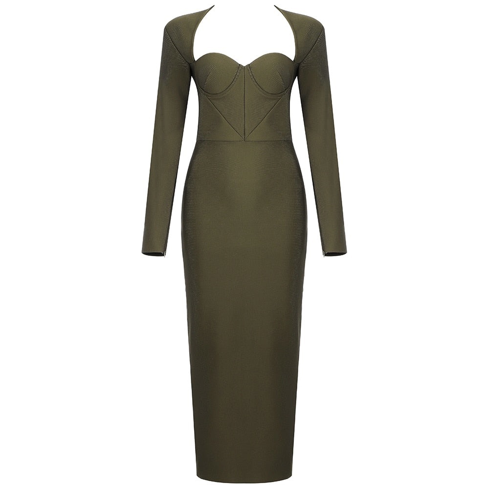 Slim Midi Bodycon Party Dress (Color: Green, Size : Large) NEW